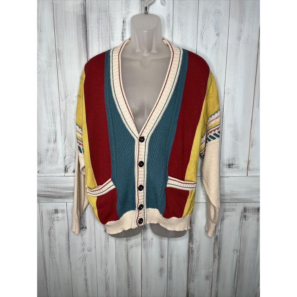 VINTAGE RAFFI LINEA UOMO EMBROIDERED COLORFUL GRANDPA CARDIGAN POCKET SWEATER XL